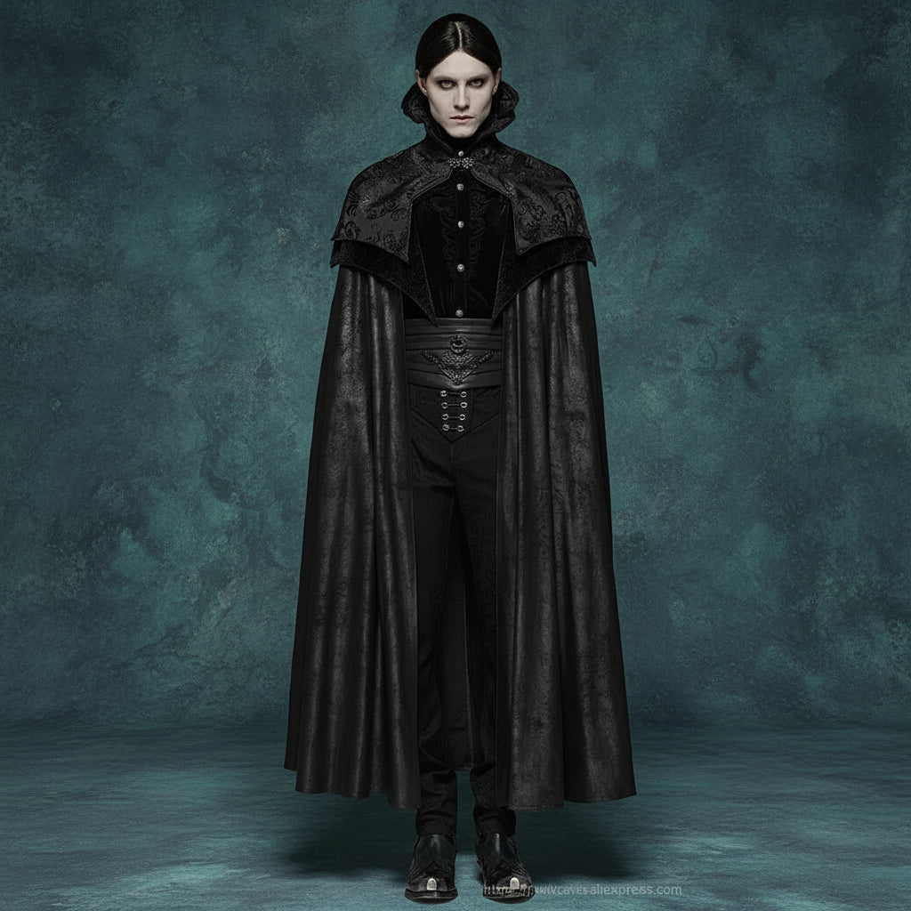 Men's Gothic Black Jacquard Embroidered Victorian Vampire Renaissance Long Cloak with High Collar