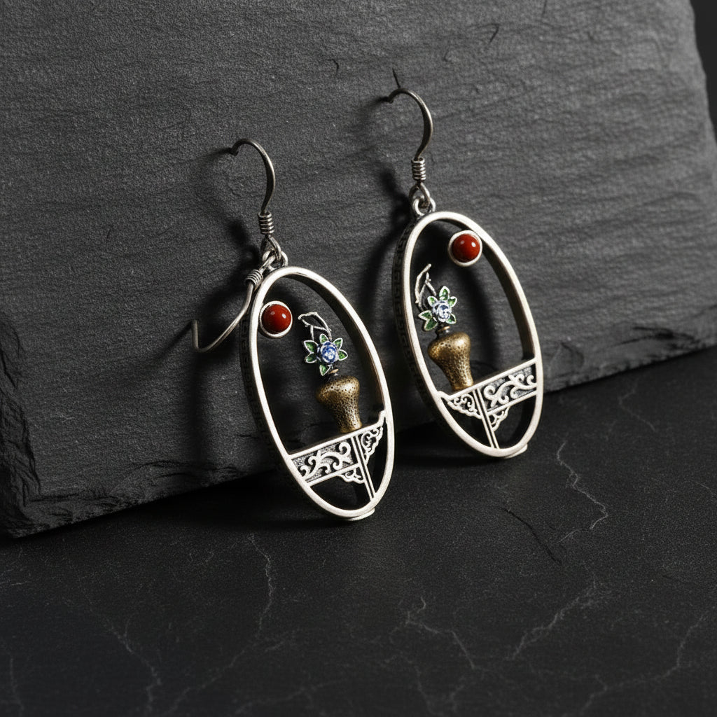 S925 Sterling Silver Handmade Flower Vase Vintage Window Frame Drop Earrings - Lovez Aqua© -