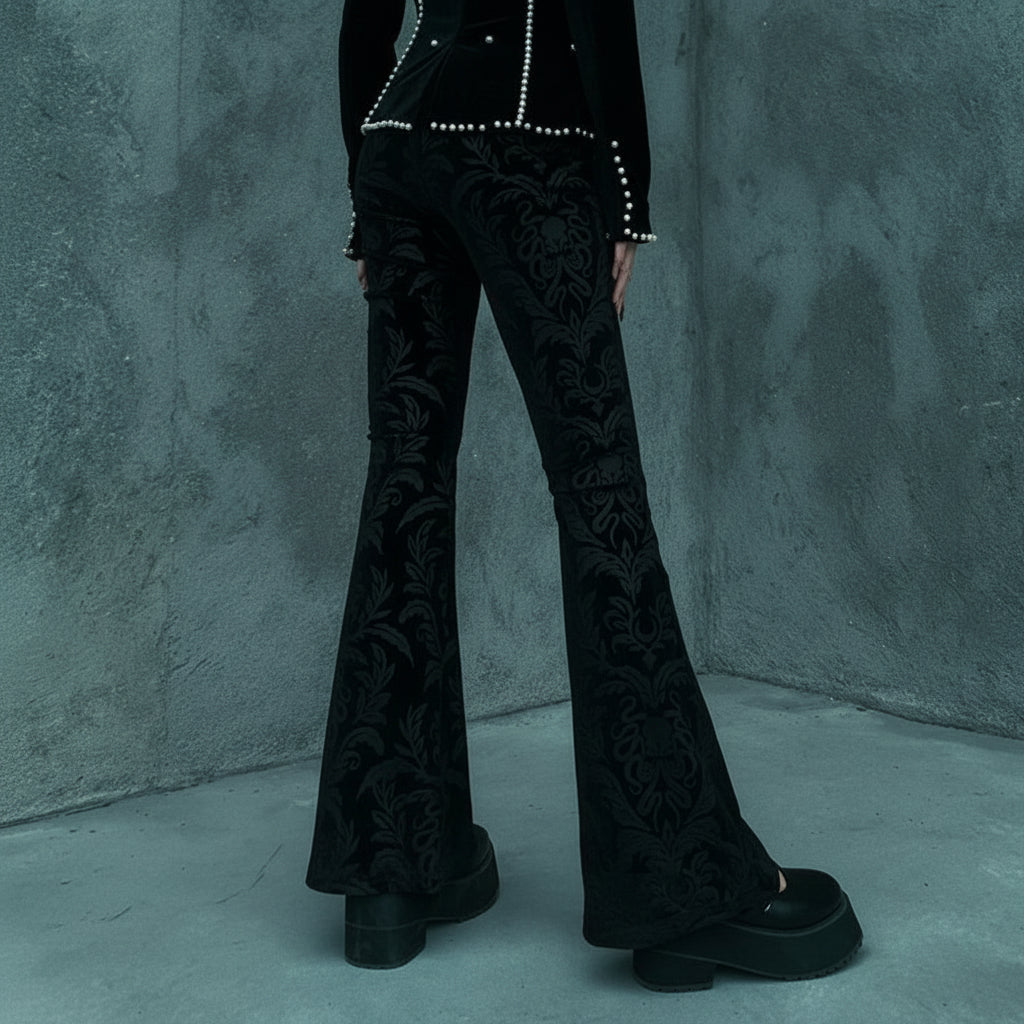 Women's Gothic Black Velvet Floral Embroidered Baroque High Waist Flare Pants