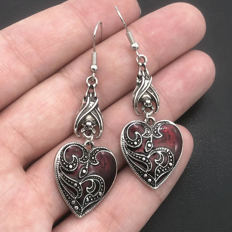 Gothic Darkened Crimson & Silver Heart Pendant Earrings with Bat Detail - Lovez Aqua© -