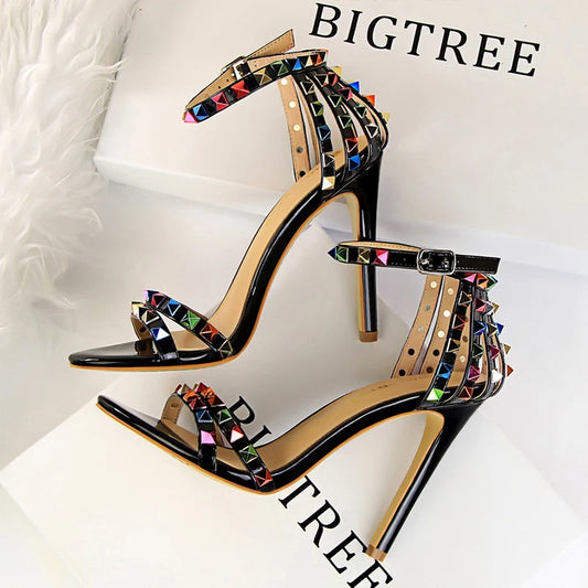 Women's Roman Style Hollow Cut Out Heeled Sandals with Colored Rivets