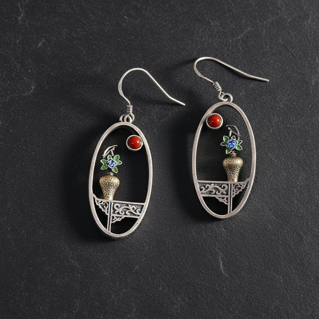 S925 Sterling Silver Handmade Flower Vase Vintage Window Frame Drop Earrings - Lovez Aqua© -