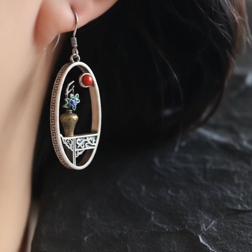 S925 Sterling Silver Handmade Flower Vase Vintage Window Frame Drop Earrings - Lovez Aqua© -