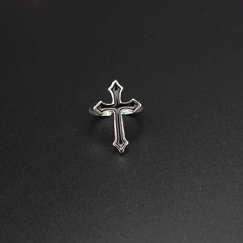 Men's Gothic Vintage Black & Silver Religious Cross Open Ring