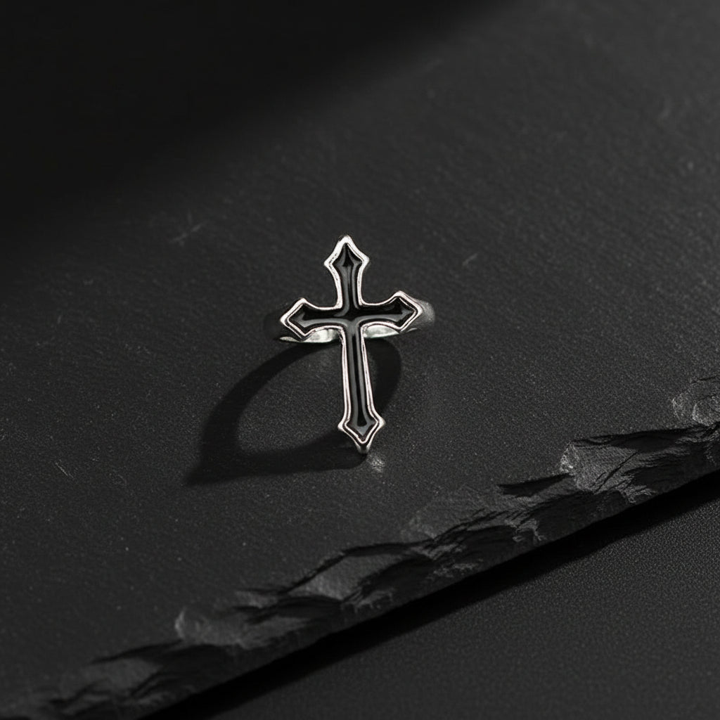 Men's Gothic Vintage Black & Silver Religious Cross Open Ring