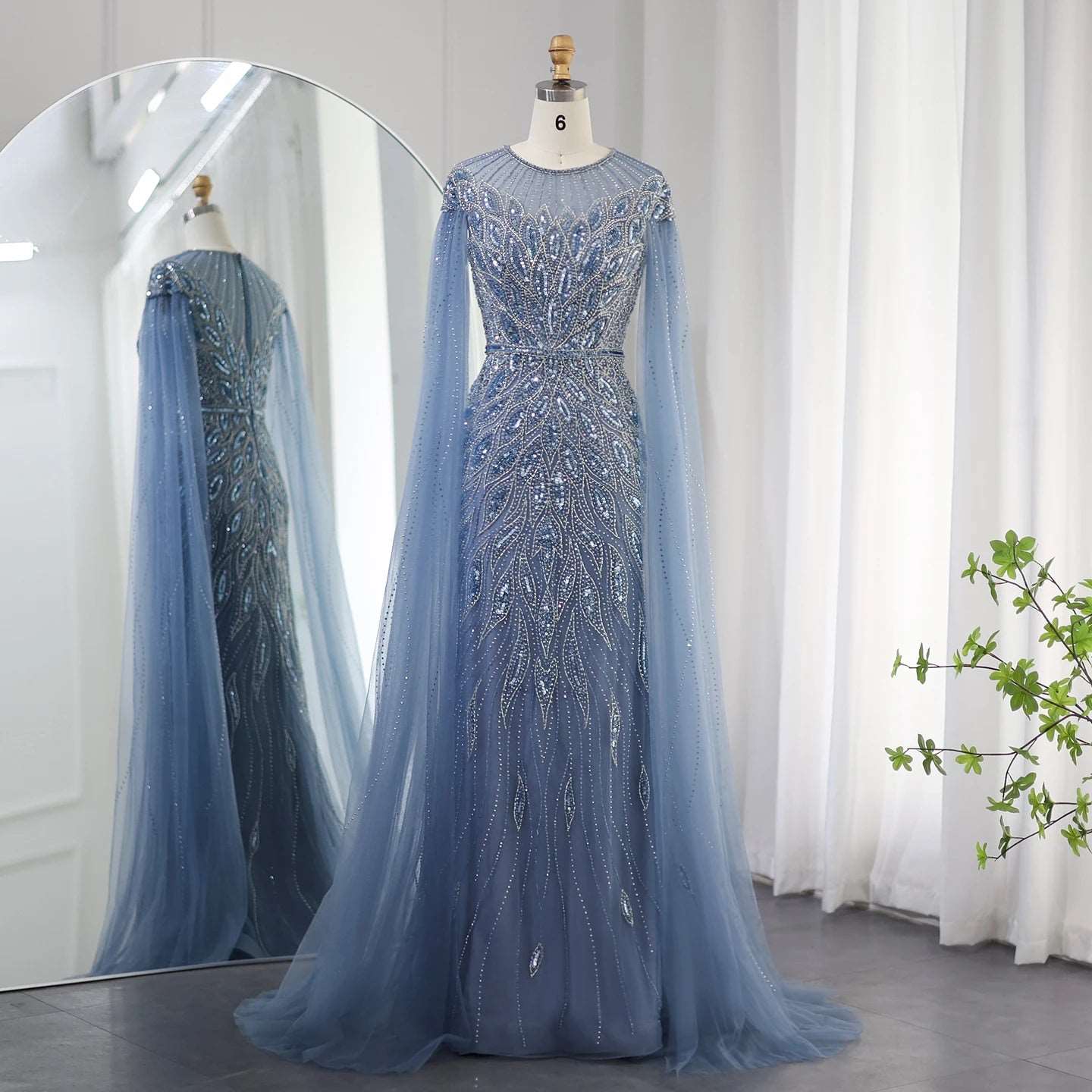 Women's Luxury Mermaid High Neck Evening Gown with Cape Sleeves & Rhinestones - Lovez Aqua© - Blue / 2