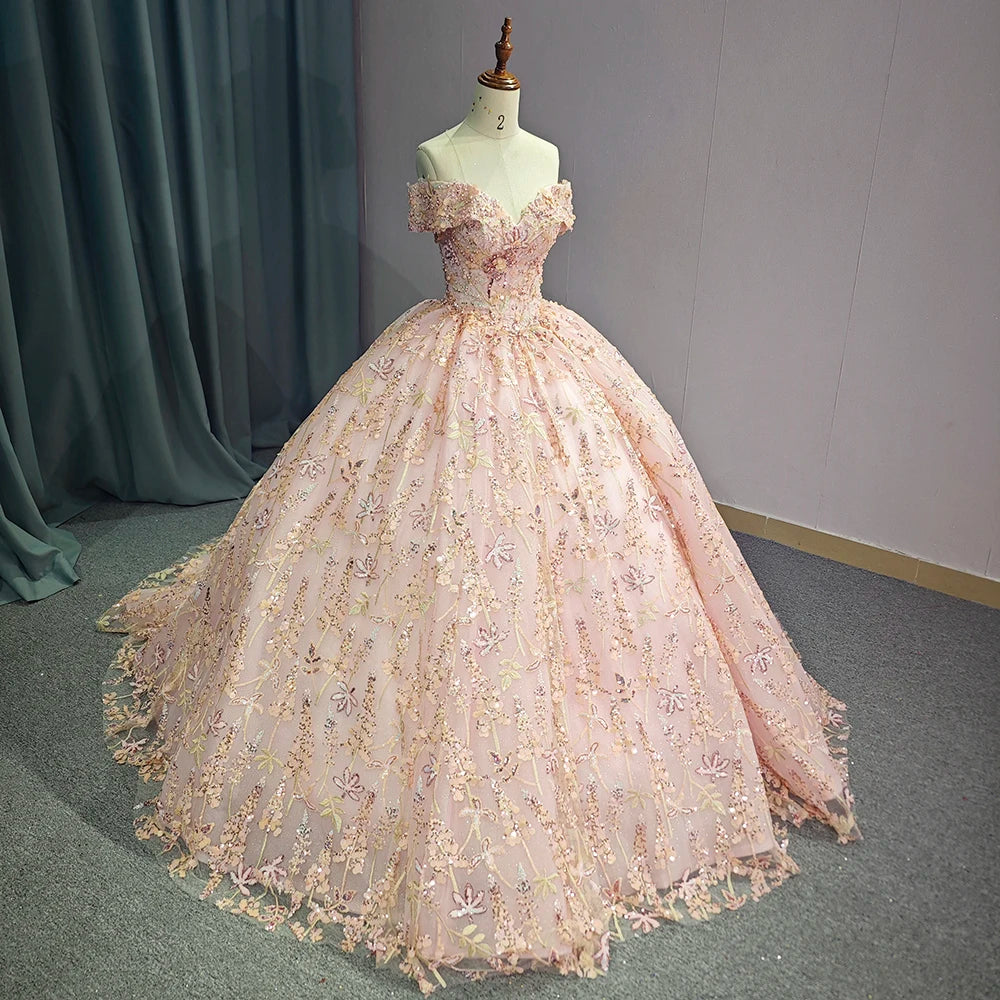 Pink Floral Embroidered Off-Shoulder Fairytale Princess Wedding Ball Gown
