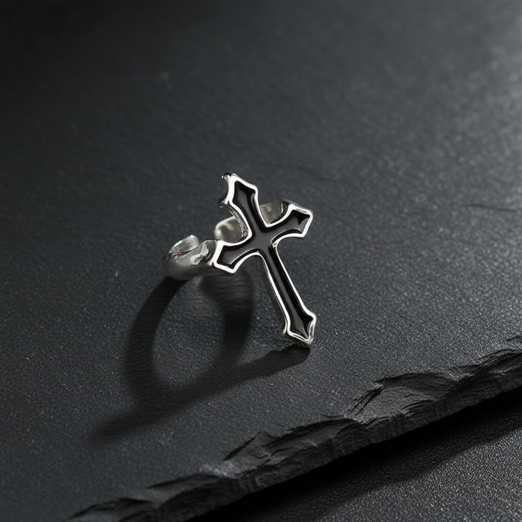 Men's Gothic Vintage Black & Silver Religious Cross Open Ring