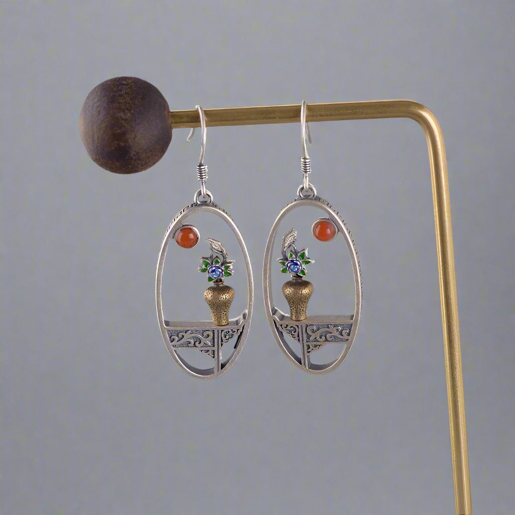 S925 Sterling Silver Handmade Flower Vase Vintage Window Frame Drop Earrings - Lovez Aqua© -