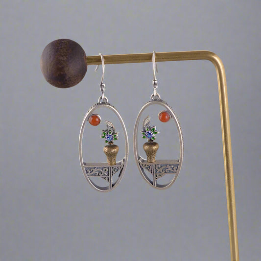 S925 Sterling Silver Handmade Flower Vase Vintage Window Frame Drop Earrings - Lovez Aqua© -