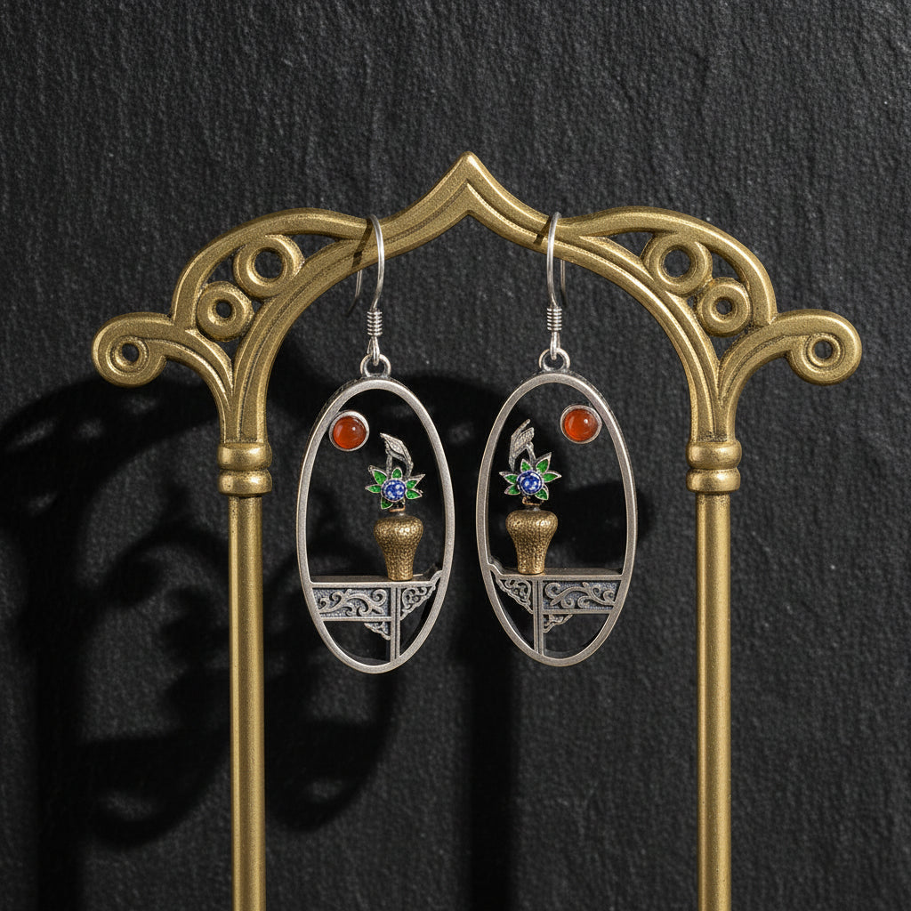 S925 Sterling Silver Handmade Flower Vase Vintage Window Frame Drop Earrings - Lovez Aqua© -