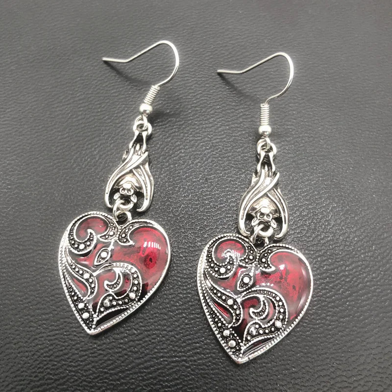 Gothic Darkened Crimson & Silver Heart Pendant Earrings with Bat Detail - Lovez Aqua© -