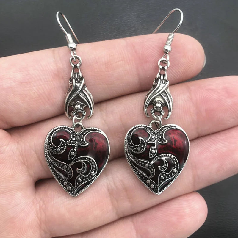 Gothic Darkened Crimson & Silver Heart Pendant Earrings with Bat Detail - Lovez Aqua© -