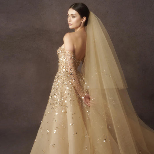 Golden Off-Shoulder Sequined Mermaid Wedding Gown with Detachable Overskirt