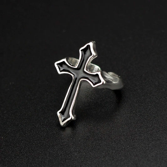 Men's Gothic Vintage Black & Silver Religious Cross Open Ring
