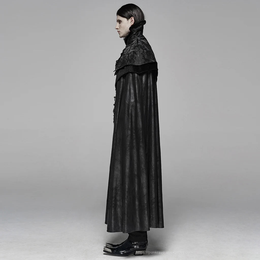 Men's Gothic Black Jacquard Embroidered Victorian Vampire Renaissance Long Cloak with High Collar
