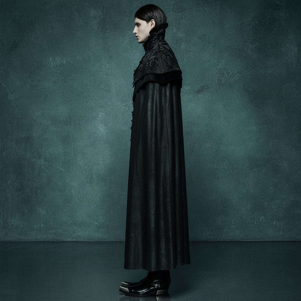 Men's Gothic Black Jacquard Embroidered Victorian Vampire Renaissance Long Cloak with High Collar