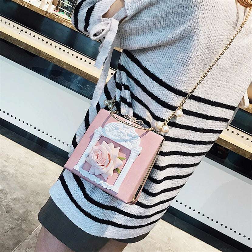 Luxury Classical Vintage Style Gilded Frame & Rose Faux Leather Women's Handbag - Lovez Aqua© -