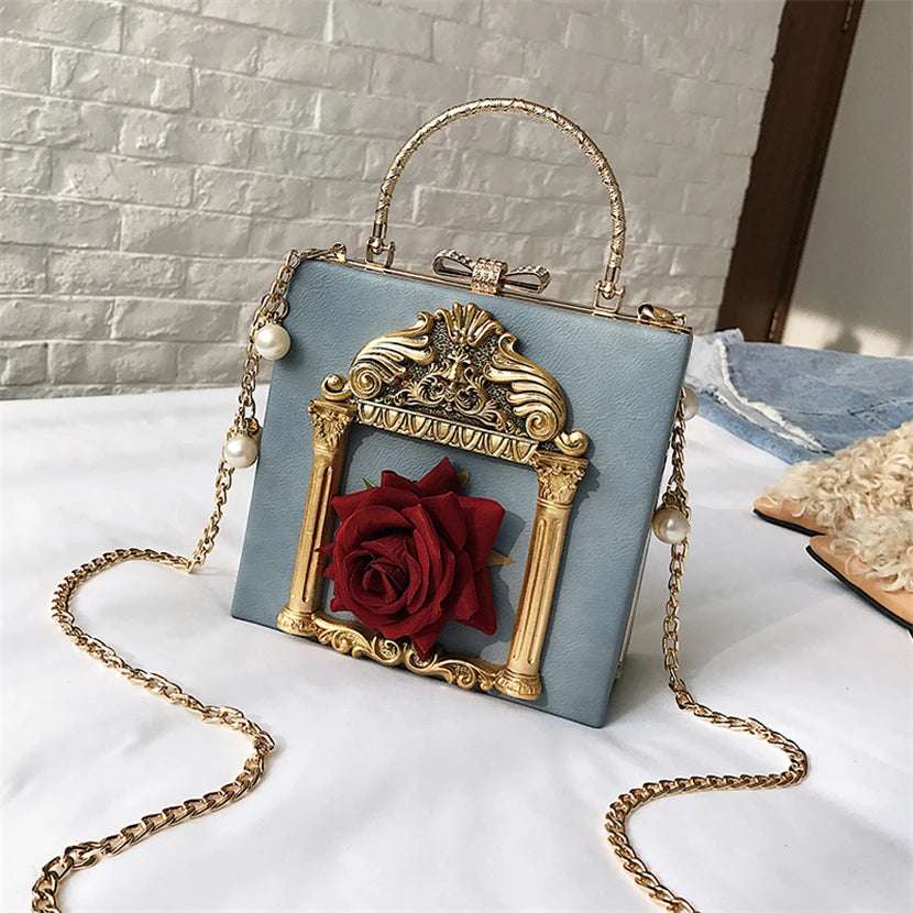 Luxury Classical Vintage Style Gilded Frame & Rose Faux Leather Women's Handbag - Lovez Aqua© - Gray