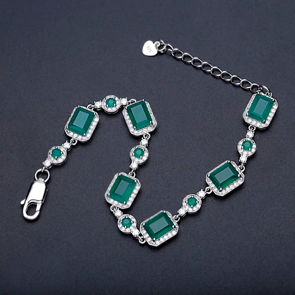 925 Sterling Silver, Natural Agate Stone & Cubic Zirconia Rectangle Cabochons Women's Bracelet