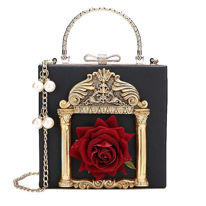 Luxury Classical Vintage Style Gilded Frame & Rose Faux Leather Women's Handbag - Lovez Aqua© -