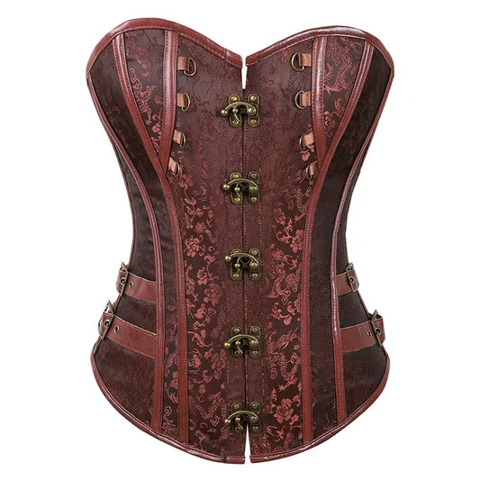 Women's Vintage Steampunk Floral Jacquard Bustier Corset with Leather Clasps