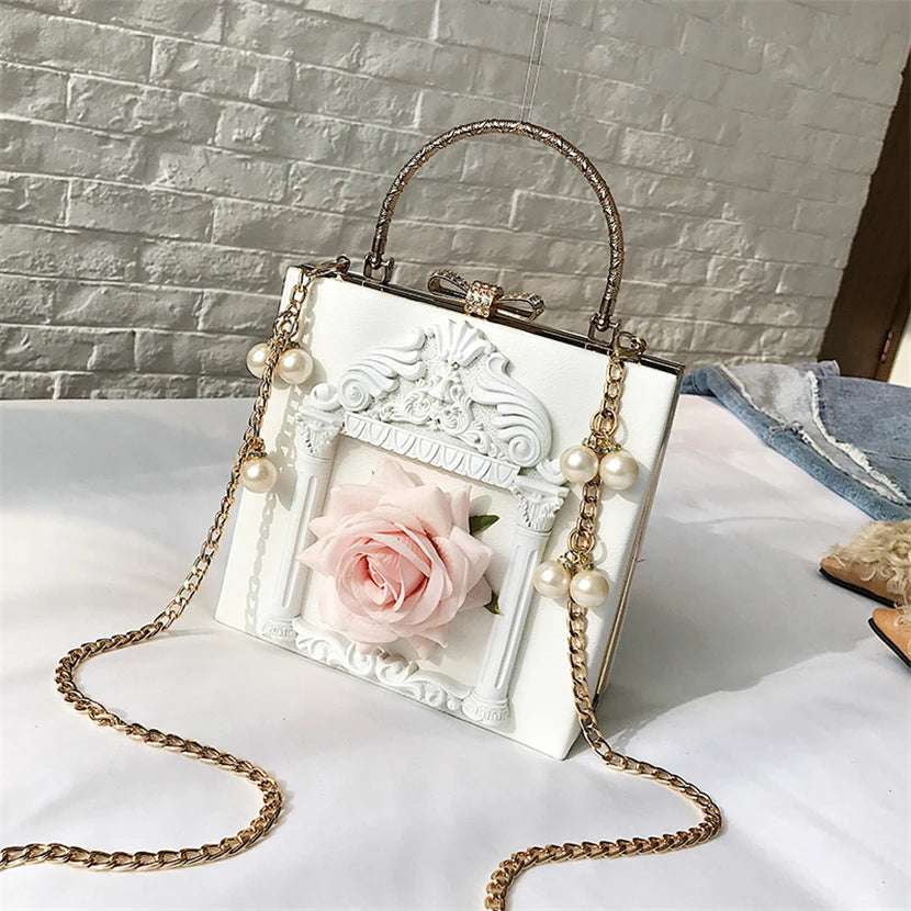 Luxury Classical Vintage Style Gilded Frame & Rose Faux Leather Women's Handbag - Lovez Aqua© - White