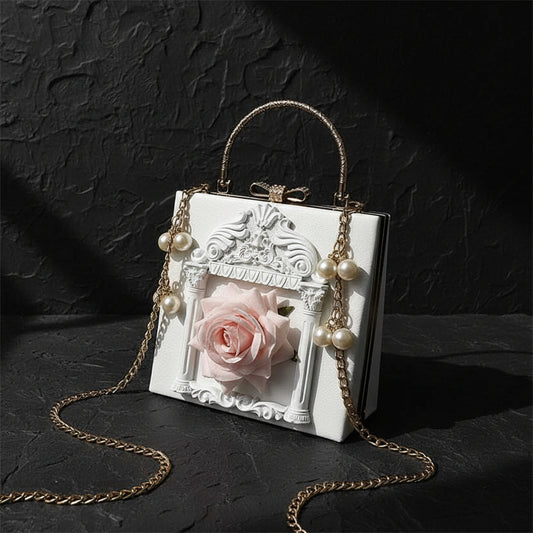 Luxury Classical Vintage Style Gilded Frame & Rose Faux Leather Women's Handbag - Lovez Aqua© - White