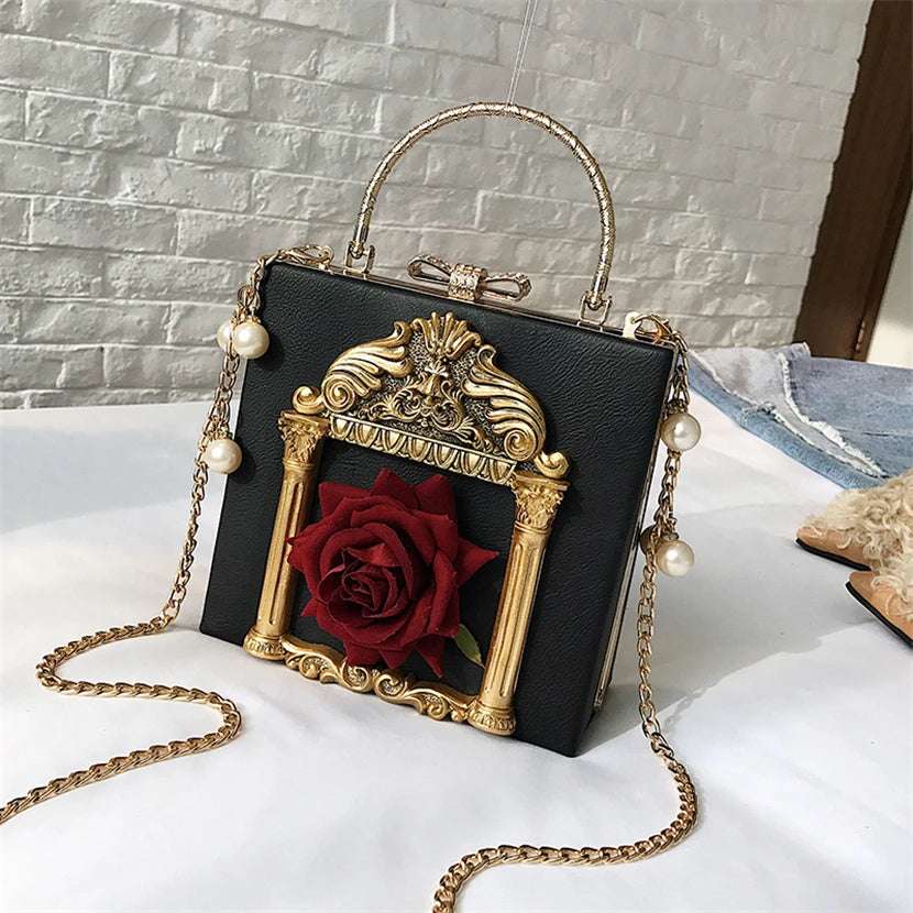Luxury Classical Vintage Style Gilded Frame & Rose Faux Leather Women's Handbag - Lovez Aqua© - Black