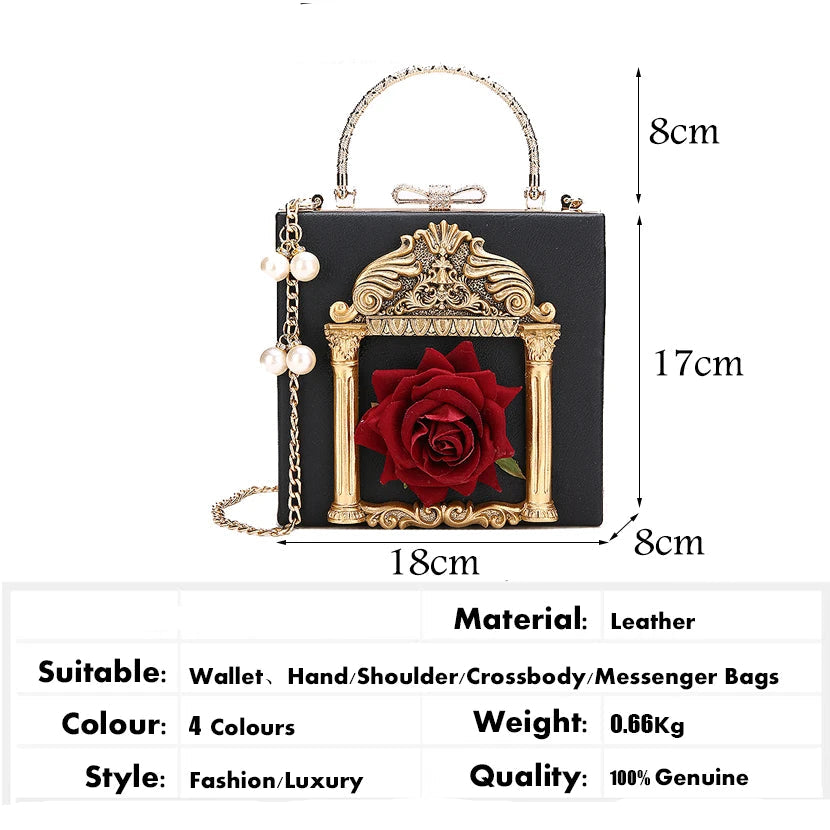 Luxury Classical Vintage Style Gilded Frame & Rose Faux Leather Women's Handbag - Lovez Aqua© -