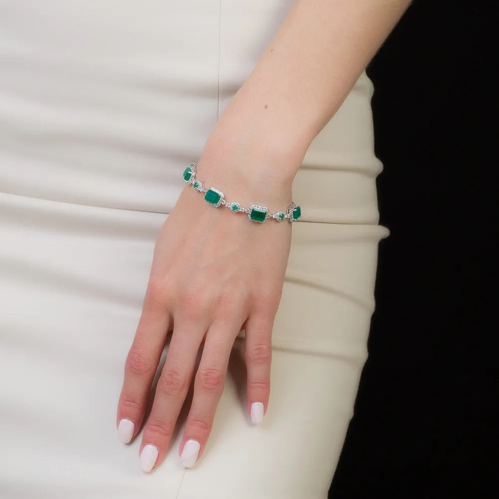 925 Sterling Silver, Natural Agate Stone & Cubic Zirconia Rectangle Cabochons Women's Bracelet