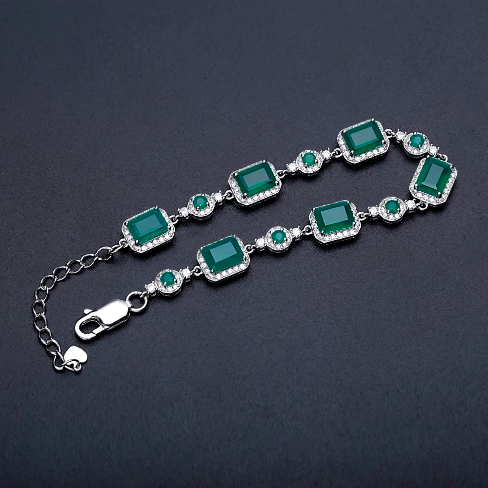 925 Sterling Silver, Natural Agate Stone & Cubic Zirconia Rectangle Cabochons Women's Bracelet