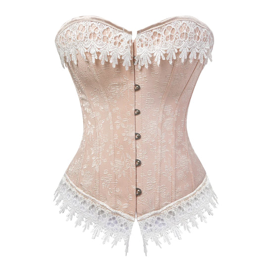 Victorian Light Pink Jacquard Overbust Boned Bustier Corset with White Lace