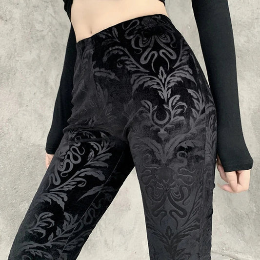 Women's Gothic Black Velvet Floral Embroidered Baroque High Waist Flare Pants