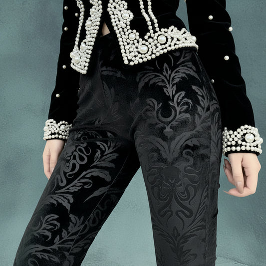 Women's Gothic Black Velvet Floral Embroidered Baroque High Waist Flare Pants
