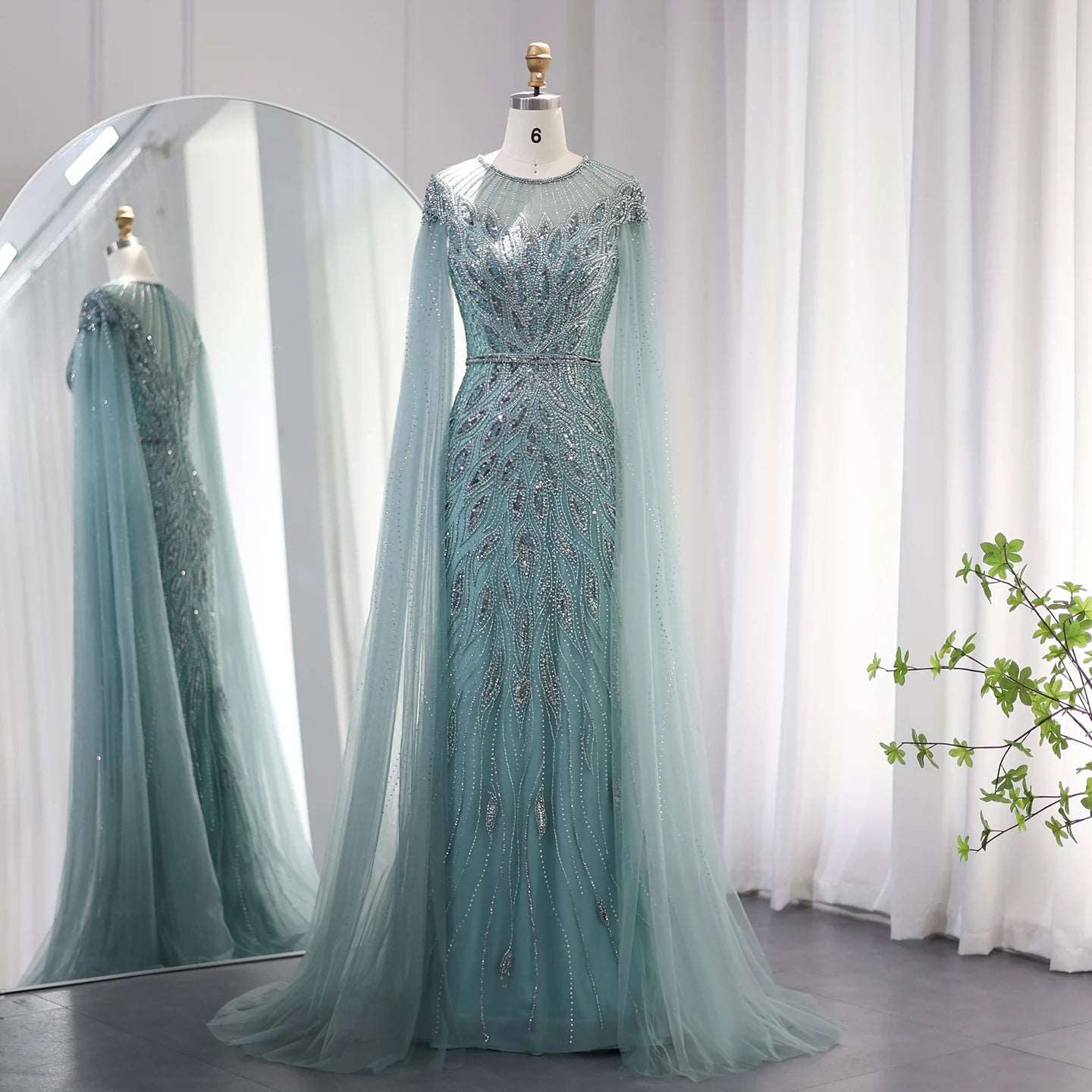Women's Luxury Mermaid High Neck Evening Gown with Cape Sleeves & Rhinestones - Lovez Aqua© - Green / 2