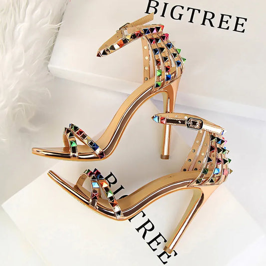 Women's Roman Style Hollow Cut Out Heeled Sandals with Colored Rivets