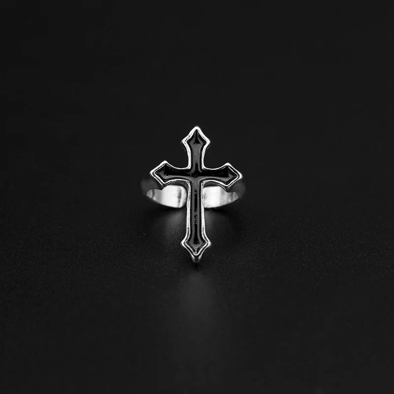 Men's Gothic Vintage Black & Silver Religious Cross Open Ring