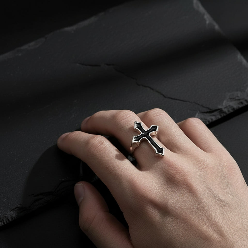 Men's Gothic Vintage Black & Silver Religious Cross Open Ring