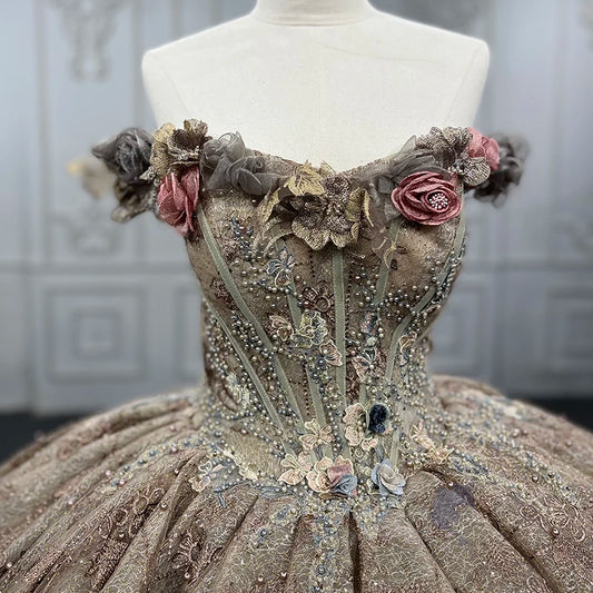 Vintage Renaissance Gold Floral Off-Shoulder Ball Gown with Lace, Floral & Beaded Details