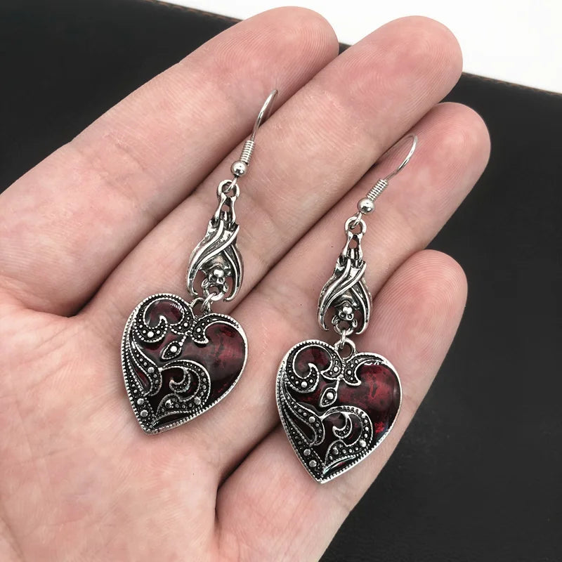 Gothic Darkened Crimson & Silver Heart Pendant Earrings with Bat Detail - Lovez Aqua© -