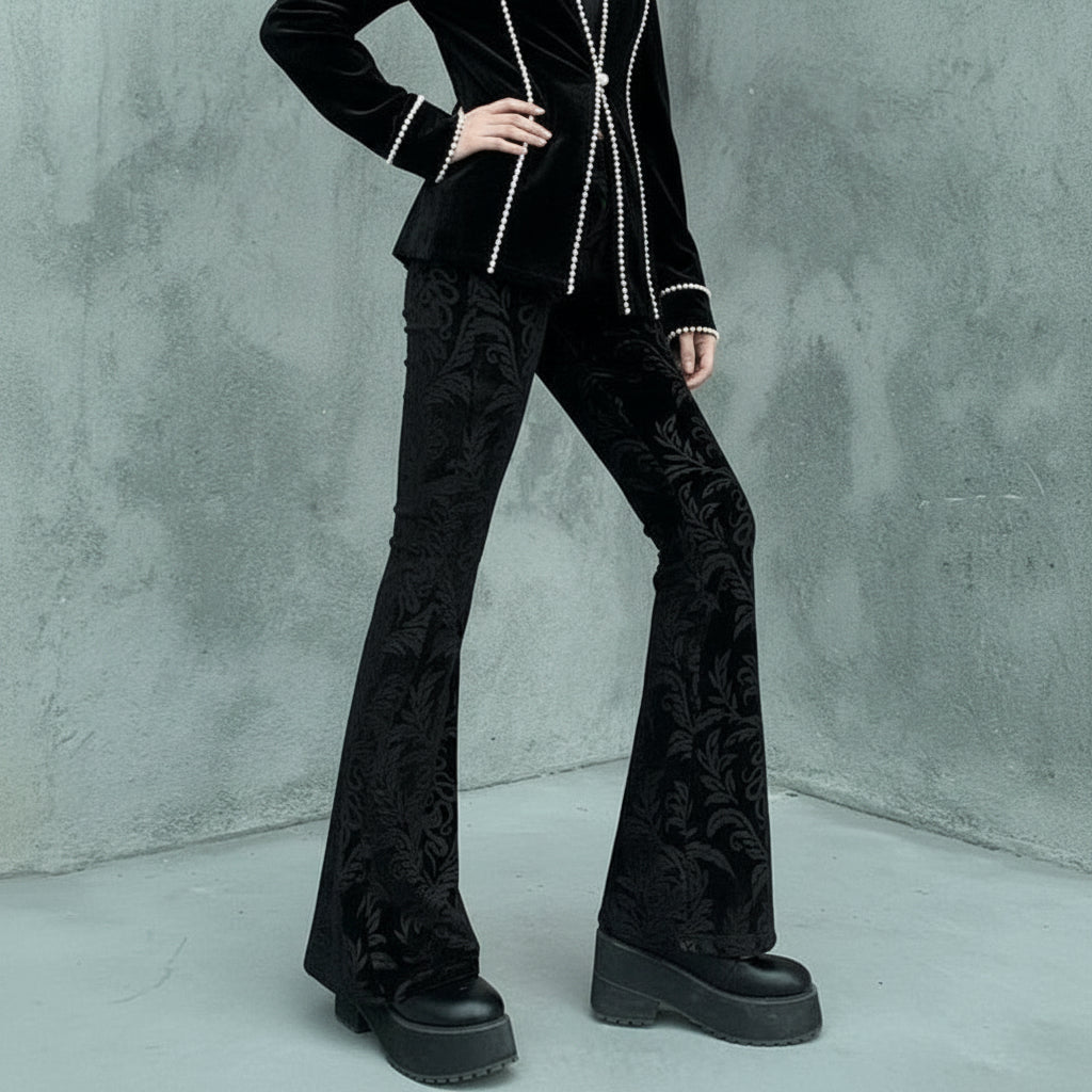 Women's Gothic Black Velvet Floral Embroidered Baroque High Waist Flare Pants