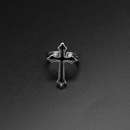 Men's Gothic Vintage Black & Silver Religious Cross Open Ring