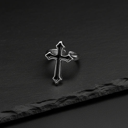 Men's Gothic Vintage Black & Silver Religious Cross Open Ring
