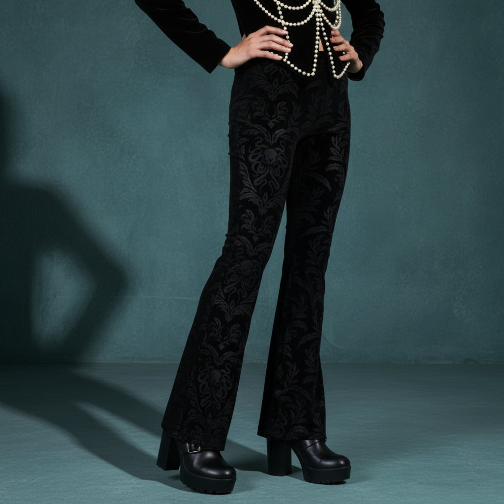 Women's Gothic Black Velvet Floral Embroidered Baroque High Waist Flare Pants