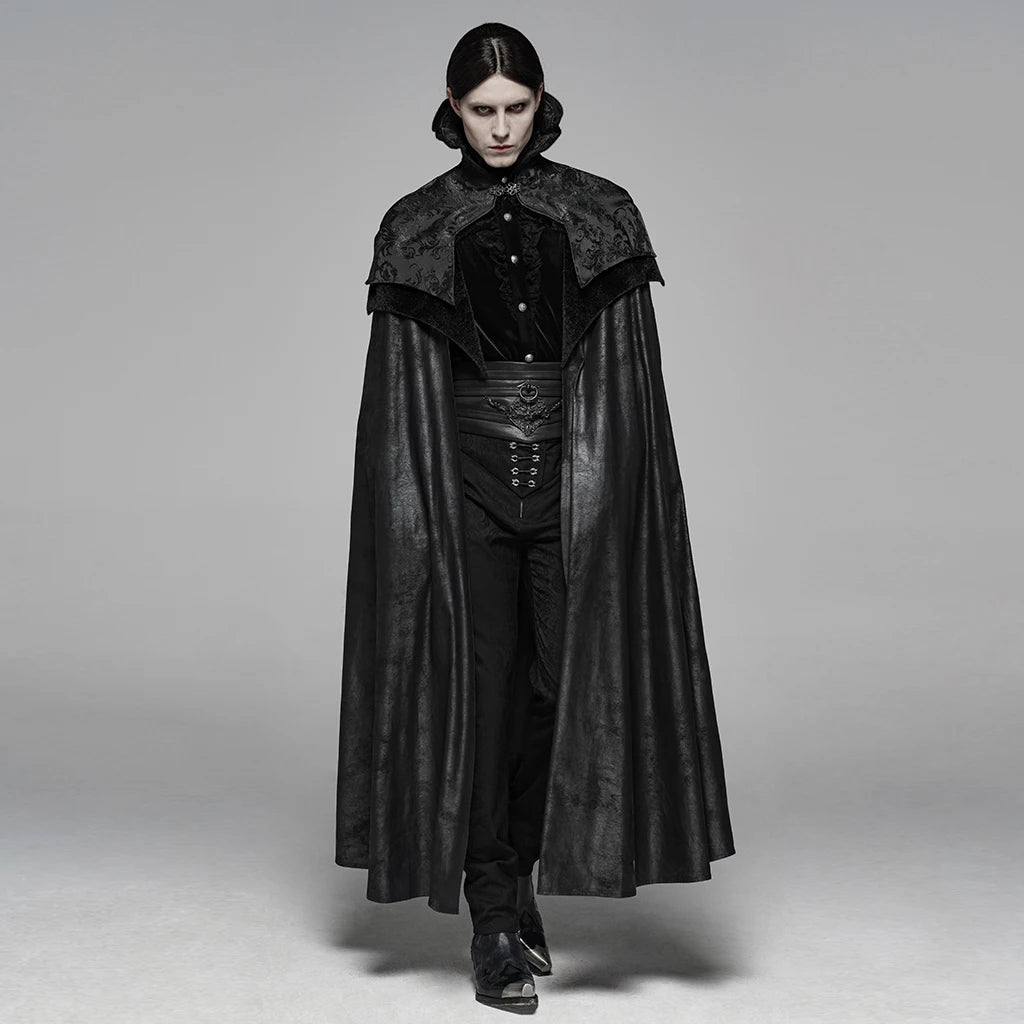 Men's Gothic Black Jacquard Embroidered Victorian Vampire Renaissance Long Cloak with High Collar