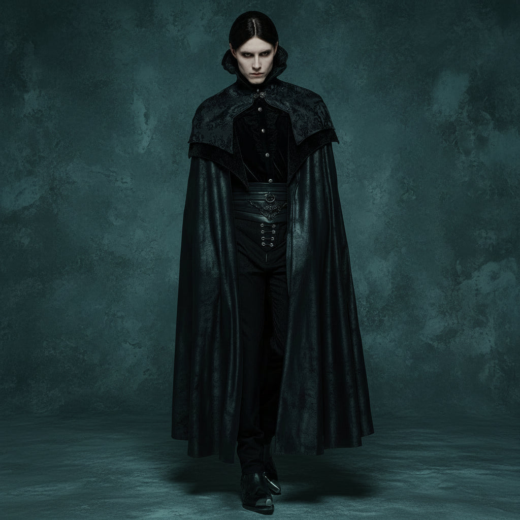 Men's Gothic Black Jacquard Embroidered Victorian Vampire Renaissance Long Cloak with High Collar