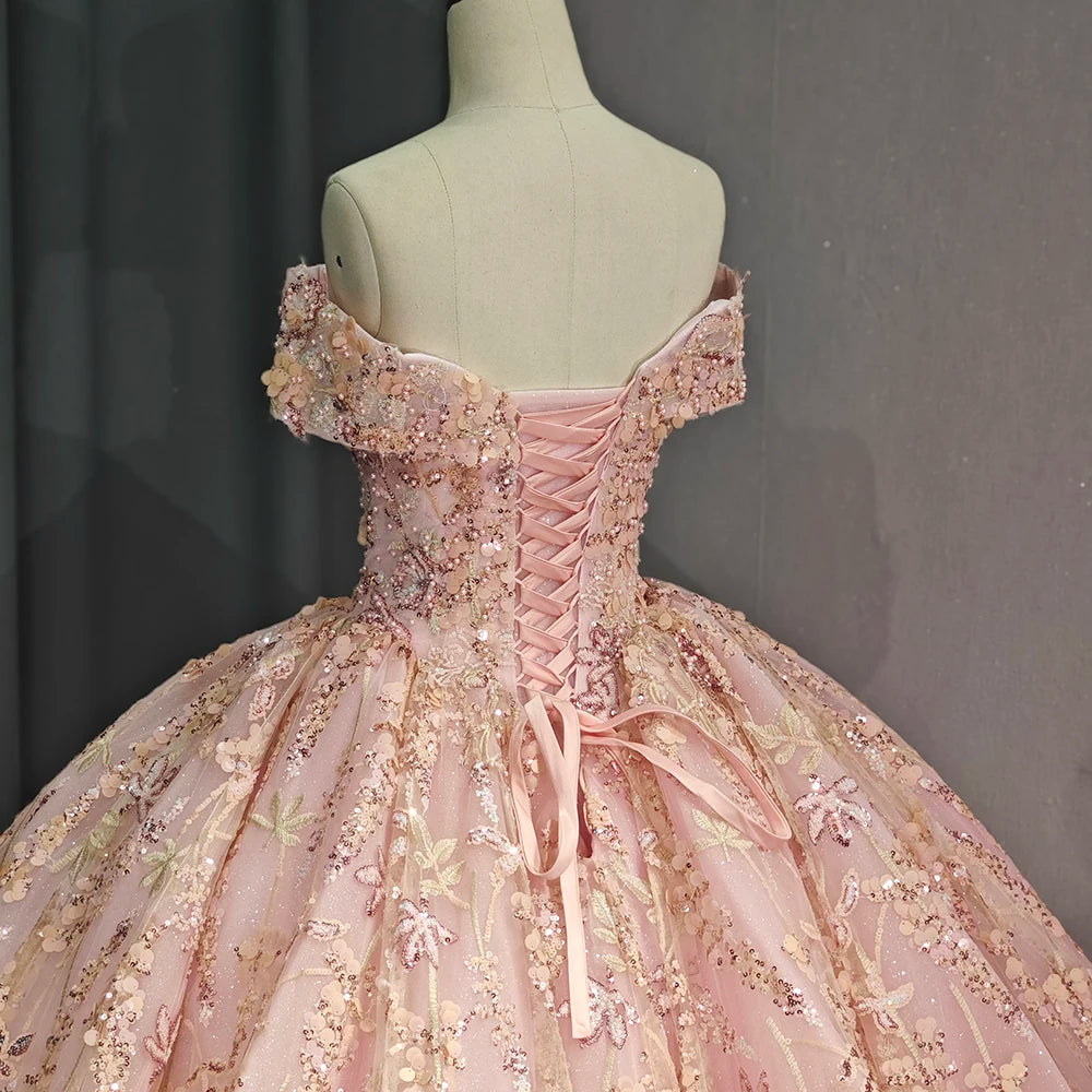Pink Floral Embroidered Off-Shoulder Fairytale Princess Wedding Ball Gown