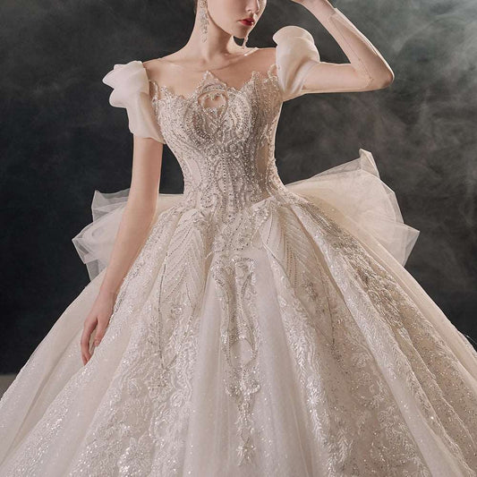 Champagne Silk Embroidered Princess Wedding Gown with Cap Sleeves & Chapel Train - Lovez Aqua© -
