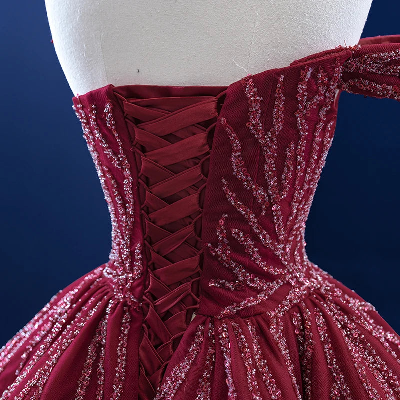 Off-Shoulder Burgundy Evening Ball Gown with Beaded Branch Embellishments